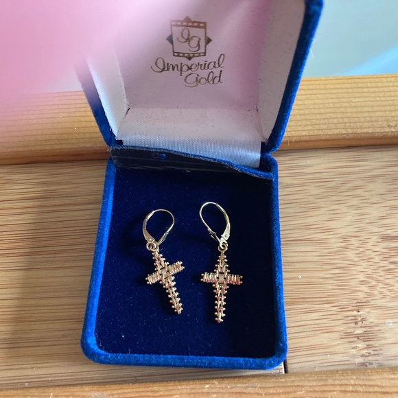 14K YELLOW IMPERIAL GOLD WHEAT DESIGN LEVERBACK CROSS DANGLE EARRINGS - Picture 2 of 5